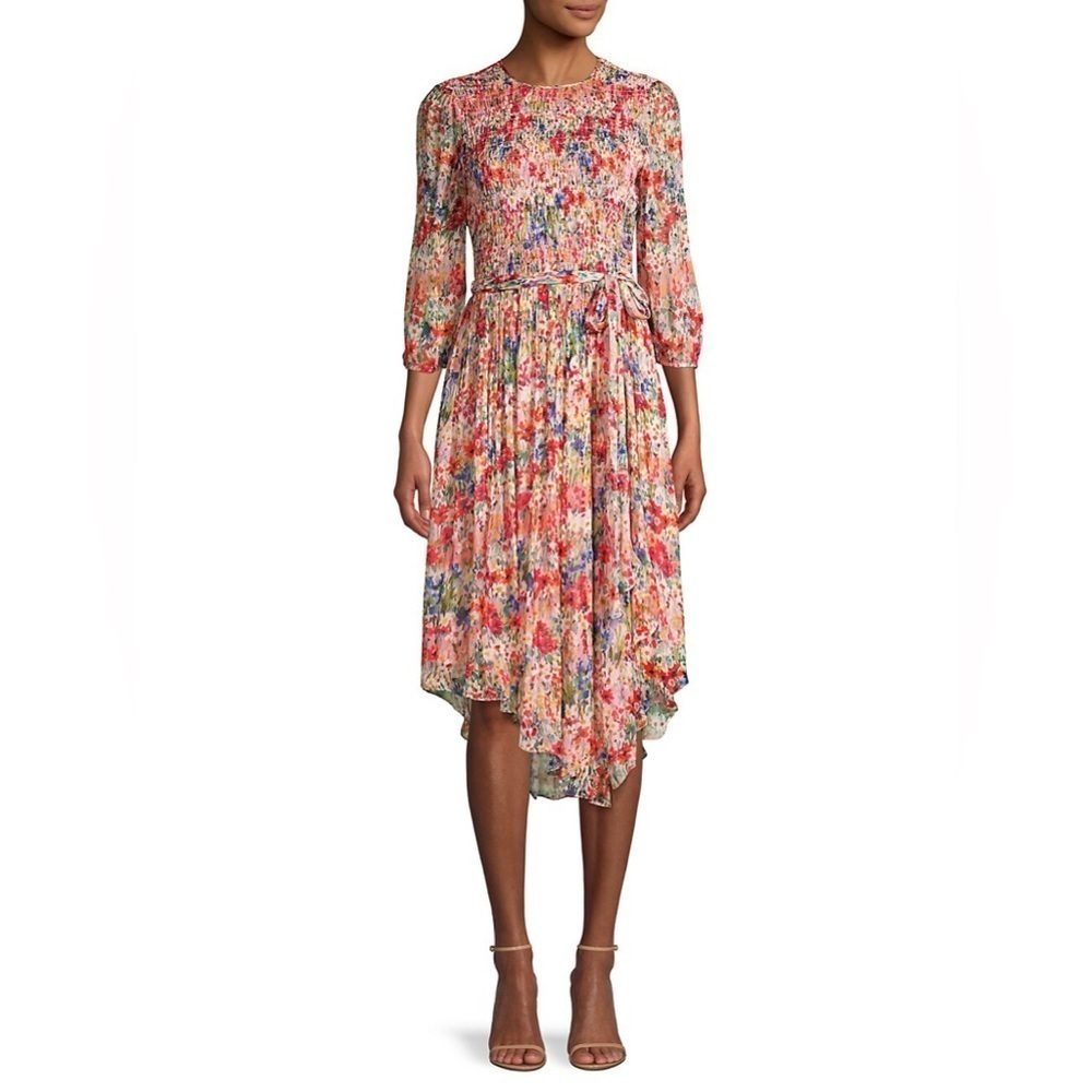 Shoshanna Blossom Pink Beatriz Meadow Dress Tie Waist Midi Length NWT Size 6